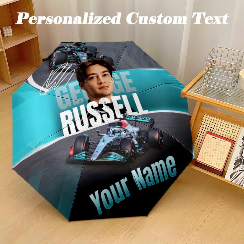 George Russell Automatic 8‑ribs Umbrella, Custom Name Text Personalized Folding Umbrella Rain Sun Gift