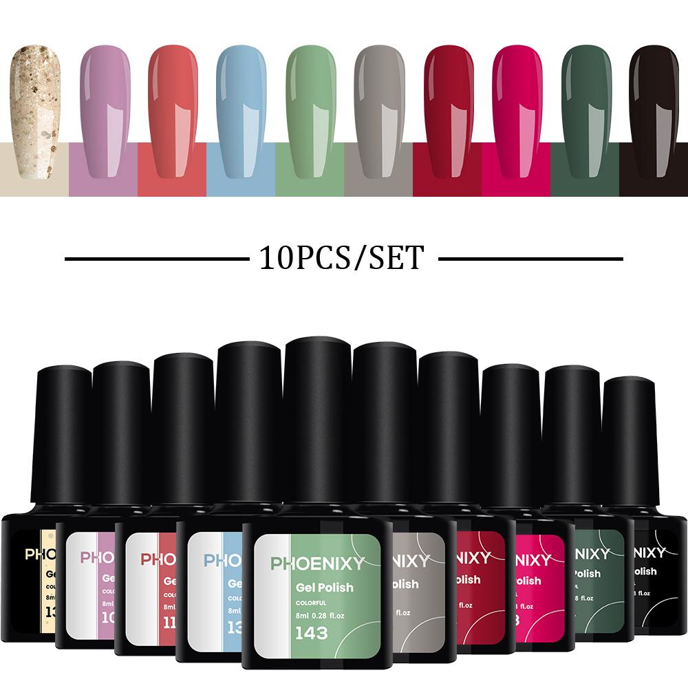 Гель-лак для ногтей PHOENIXY, 10 цветов, замачиваемый УФ-гель для ногтей, стартовый набор для дизайна ногтей, набор блестящих лаков для DIY, дома, гель для маникюра