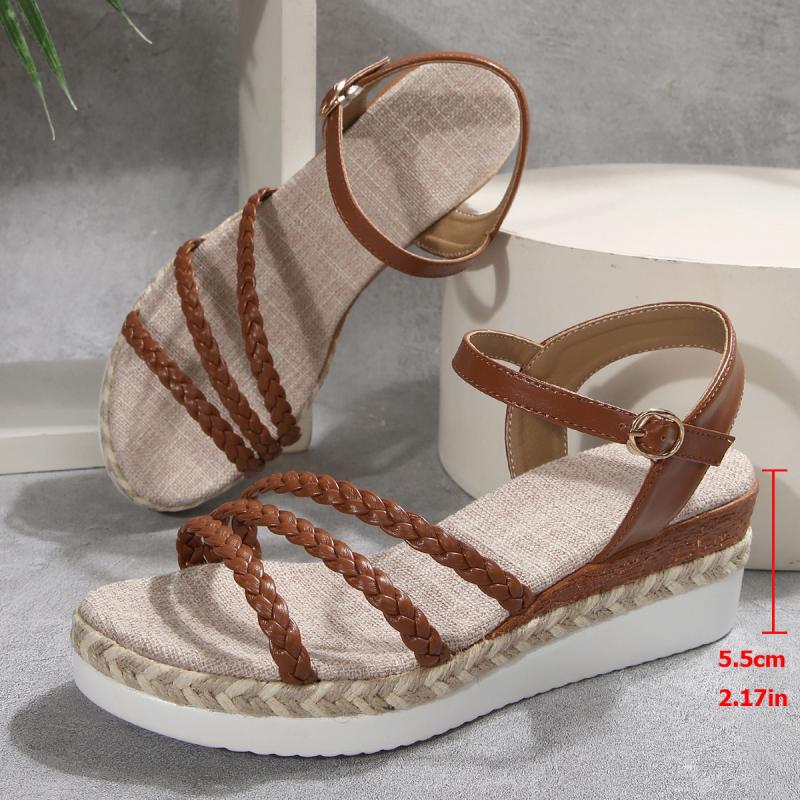 Fashion Vintage Brown Pu Weave Straps Sandals Women Bohemia Platform Wedge Heels Shoes Women Comfortable Daily Shoes Plus Size 36-43