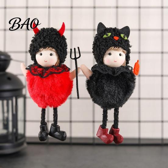 Cute Spooky Plush Toy Halloween Hanging Witch Doll with Lanyard, Furry Pom Lace Details Ball Ornament for Doors Windows Trees Party Decor Bar