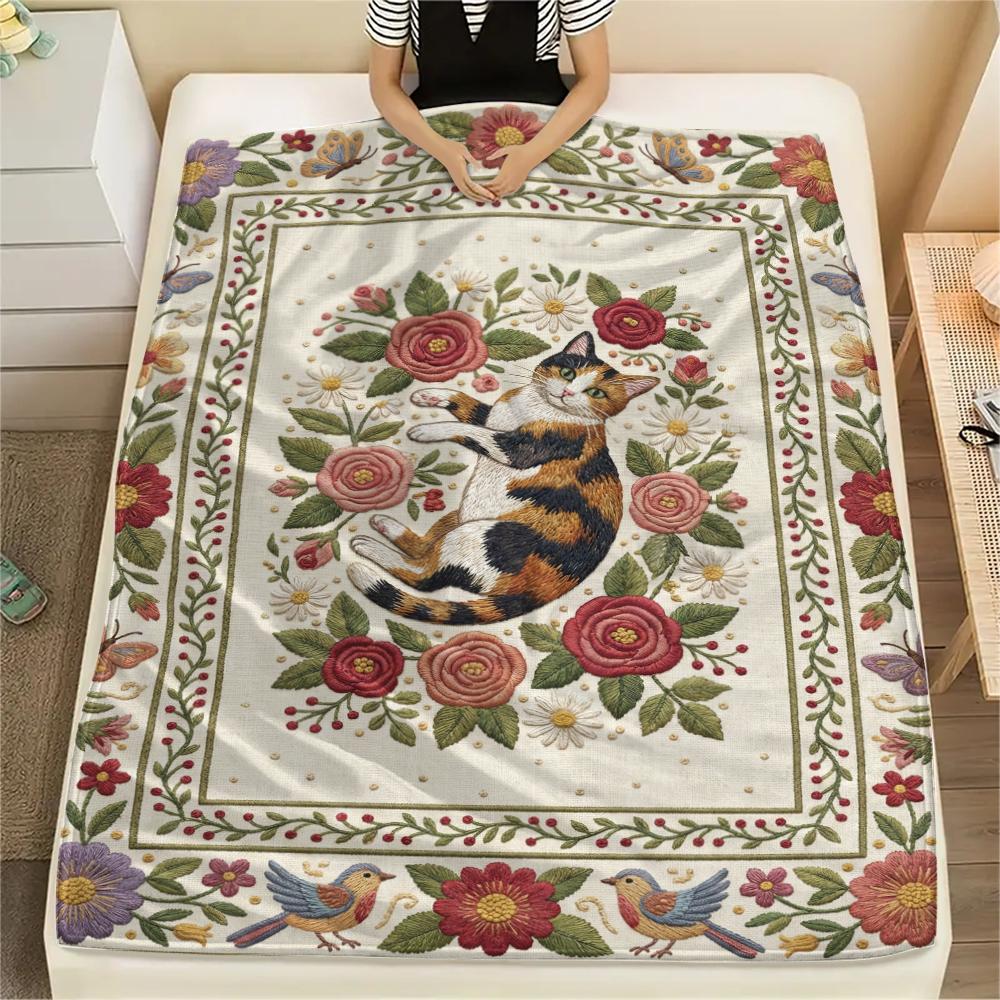 Cat Flower Print Flannel Blanket, High quality Comfortable for All Seasons, Home Decor, Warmth and Comfort, Perfect for Christmas Gifts44