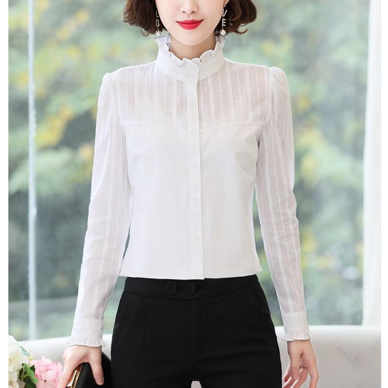 Spring Autumn New White Shirt Women's Long Sleeved Cotton Standing Collar Wooden Ear Bottoming Blouse Slim Fit Temperament Top