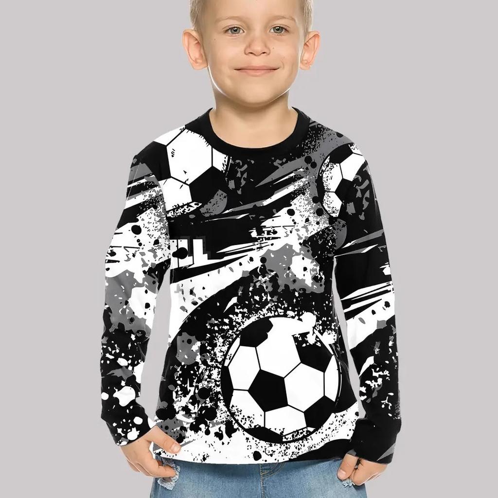 Spring and Autumn Round Neck 3D Football Printed Top Fashionable Casual Long Sleeved Children's Boy T-shirts