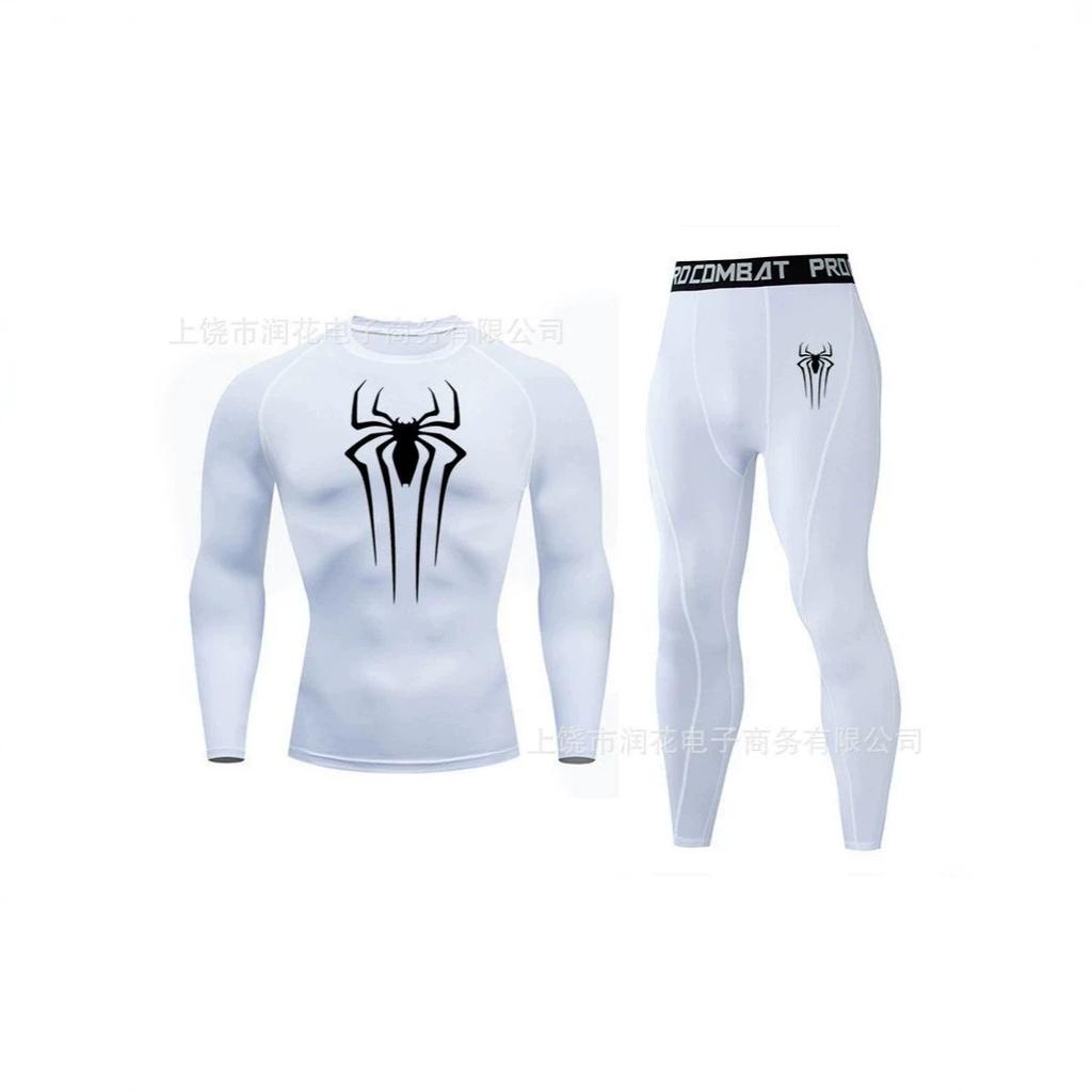 1116 Men's Spider-Man 1D Printed Fitness Suit High Elastic Quick-Drying Long Sleeve Tights Sports Pants Two-piece Set