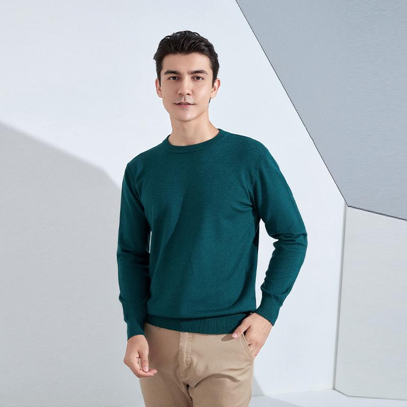 Осень и Зима Мужской Трикотажный Свитер с Круглым Вырезом, Свободный, Утепленный Пуловер, Однотонный, с Длинным Рукавом, Короткий, Деловой, Базовый, Теплый Свитер