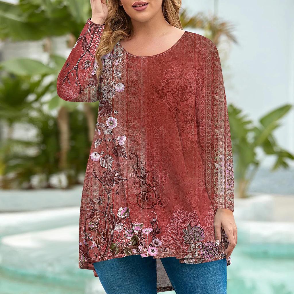 Женская мода большого размера с круглым вырезом и длинным рукавом, повседневный свободный пуловер с принтом