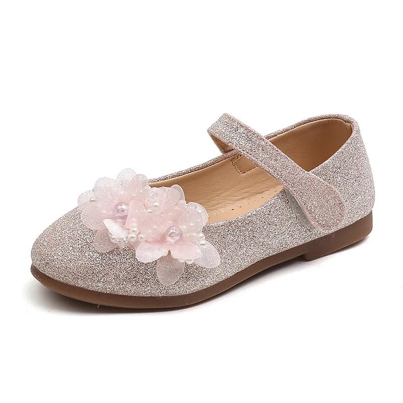 Newest Spring Girls Leather Shoes Children Girl Baby Princess Flowers Sneakers Pearls Diamond Shoes Kids Dance Shoes I07162