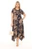 Women's Big Size Dress Navy Blue Tropical Patterned Plus Size Short Sleeve Asymmetrical Dress