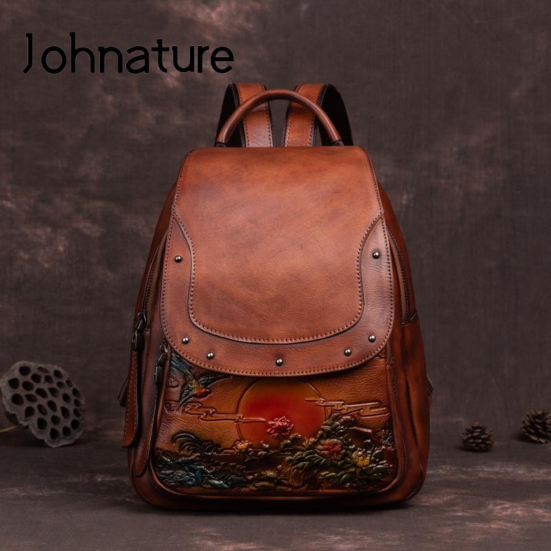 Johnature Винтажный тисненный большой вместительный женский рюкзак из натуральной кожи, сумки для отдыха из натуральной мягкой яловой кожи, дорожные сумки