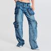 Wide Leg Multiple Pockets Jeans Women Cargo Denim Pants Y2k Streetwear Patchwork Stretch Straight Jeans
