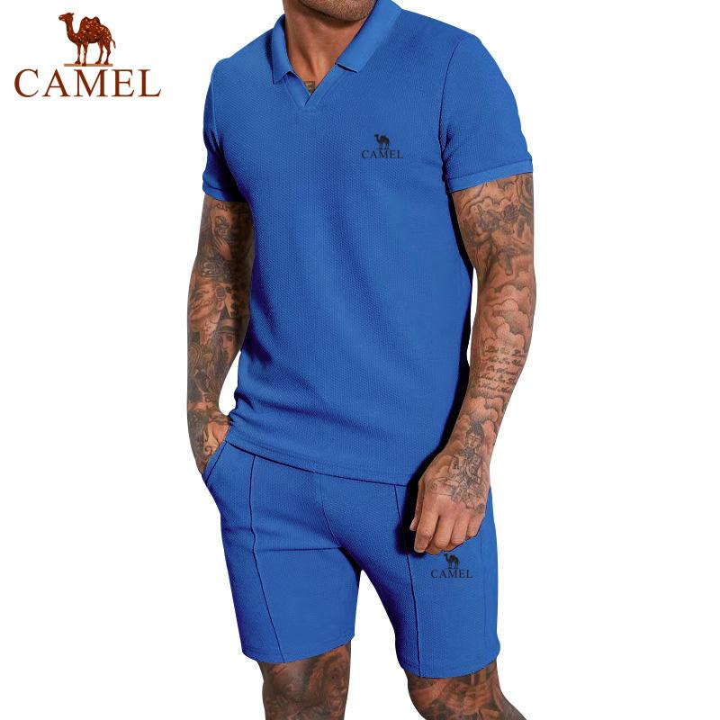 2024 Summer New Embroidered Men's Waffle V-neck Short Sleeved Shorts Two Piece Set with Polo Collar