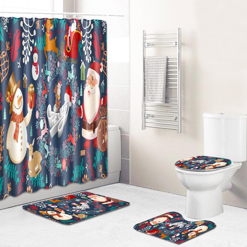 Christmas Shower Curtain Floor Mat Combination Four-Piece Bathroom Non-Slip Door Mat Foot Mat Bedroom Living Room Carpet