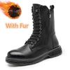 Genuine Leather Mens Footwear Metal Zipper Male Motorcycle Boots Lace-Up Casual Ankle Boots Outdoor Warm Plush Fur Winter Shoes