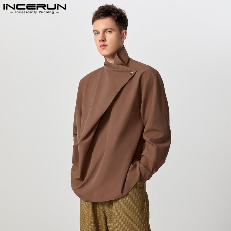INCERUN Мужские футболки с длинным рукавом и воротником-стойкой с боковыми пуговицами