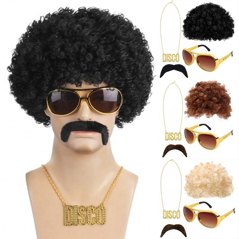 Costume Jewelry Set Synthetic Curly Hair Wigs Afro Wig Sunglasses Necklace For Adult Hip Hop Cosplay Party Accessories Hair Prop