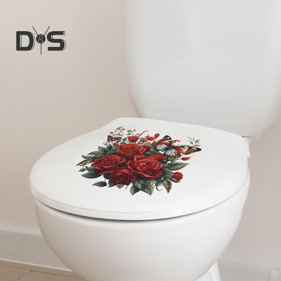 Наклейка на унитаз с бабочками и цветком розы, съемная водонепроницаемая наклейка из ПВХ для гостиной, ванной комнаты, стены искусства, цветочная крышка для унитаза, украшение на день Святого Валентина