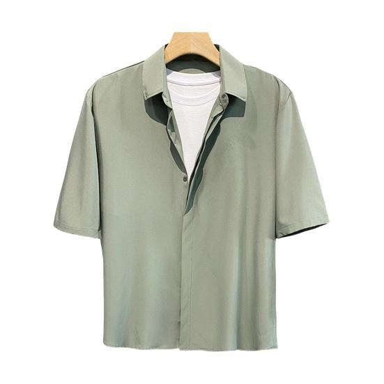 Мужская летняя рубашка с отложным воротником из ледяного шелка со скрытыми пуговицами, однобортный однобортный кардиган свободного кроя, повседневный офисный топ средней длины с короткими рукавами