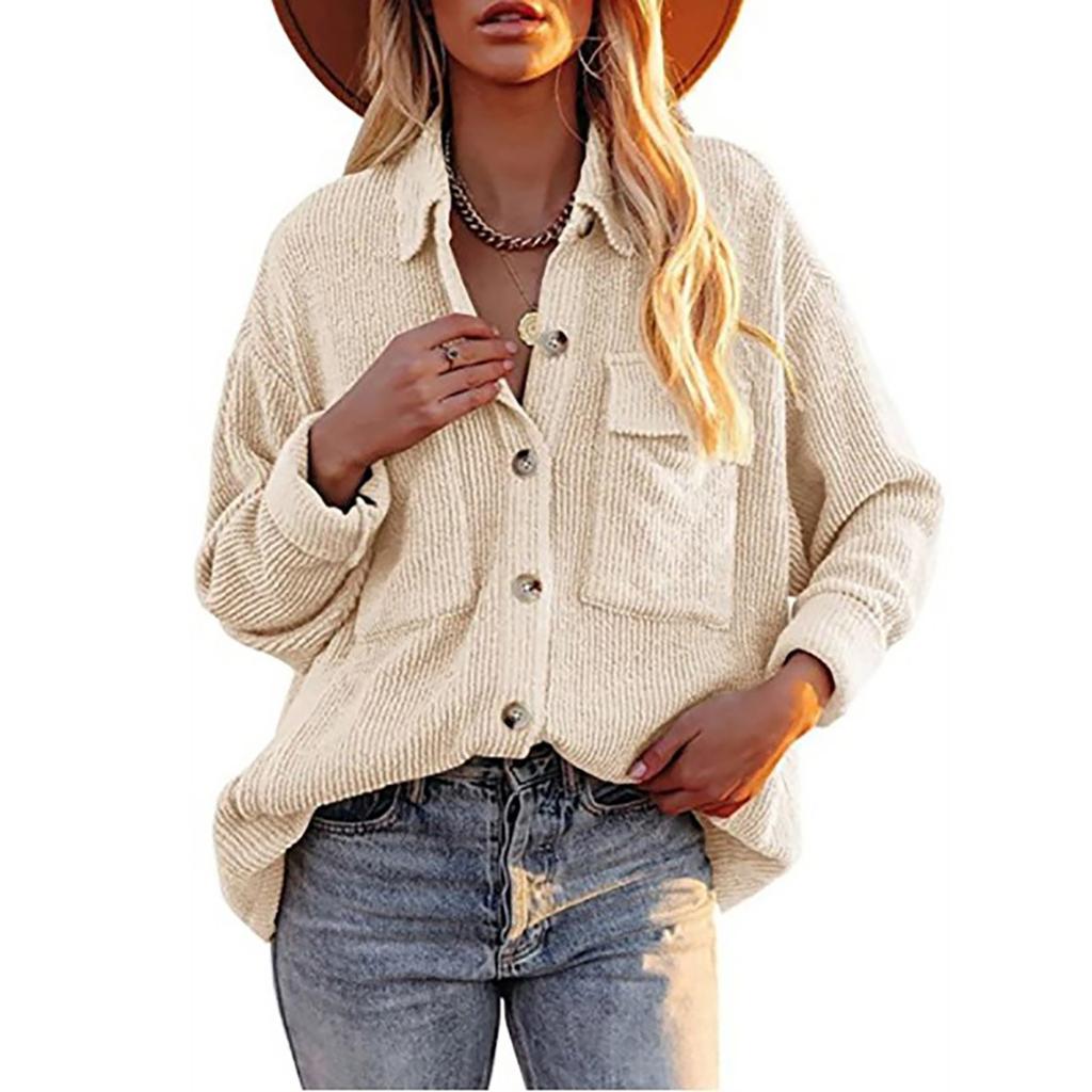 Women's And Winter Loose Corduroy Lapel Double Pockets Long-Sleeved Shirt Jacket