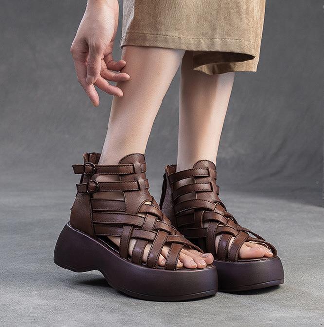 Fashion High Quality 6CM Weave Genuine Leather Fashion Ankle Booties Peep Toe Summer Sandals Mary Jane Platform Wedge ZIP Women Shoes