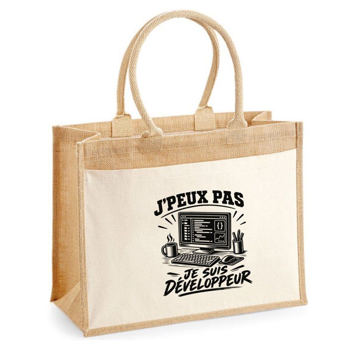 Sac cabas - PLANETEE - J’peux pas je suis Développeur - Toile de jute et coton - 43×33×21 cm - Anses coton 65 cm