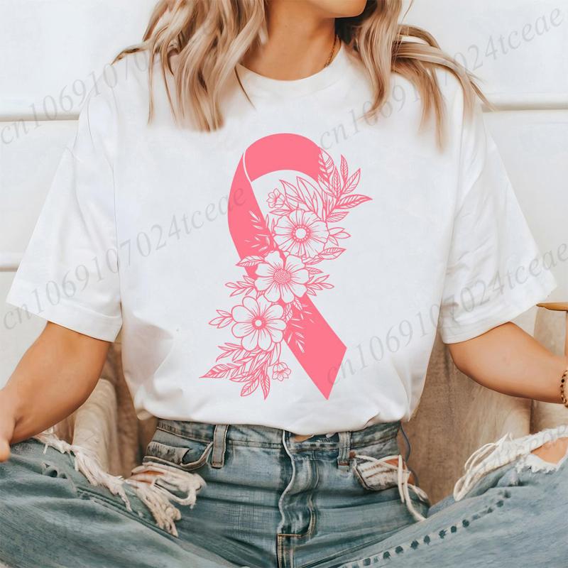 Breast Cancer Awareness Shirt Pink Ribbon Floral TShirts Support Cancer Fighter Womens Clothing Breast Cancer Survivor Tops