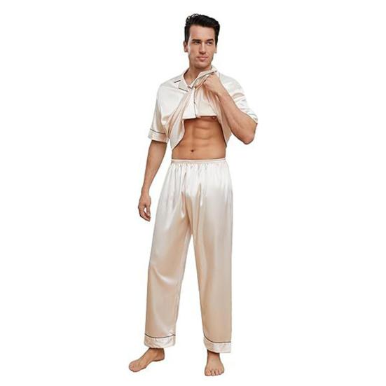 2Pcs/Set Silk Satin Men Pajama Set Notch Collar Button Down Pajama Top with Chest Pocket