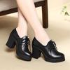 New Women Pumps Shoes Genuine Leather Pointed Toe Lace-Up 8cm & 5cm Thick High Heel Shallow Solid Casual Female Shoes Plus Size