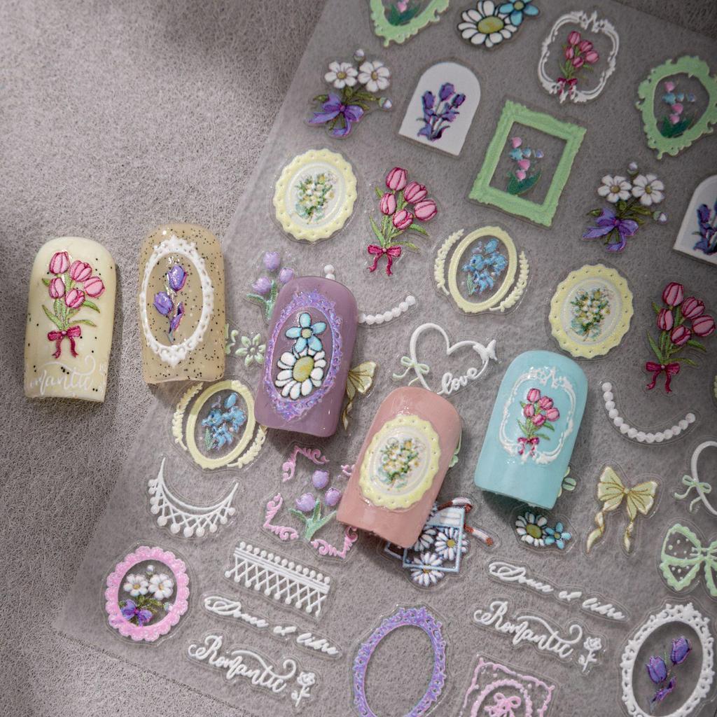 Retro Tulip 3D Embossed Nail Art Stickers - Waterproof Adhesive Floral Design