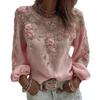 Женские топы с круглым вырезом, длинным рукавом, свободного кроя, футболка с 3D цветочным принтом, декором из искусственного жемчуга, пуловер, повседневная офисная одежда