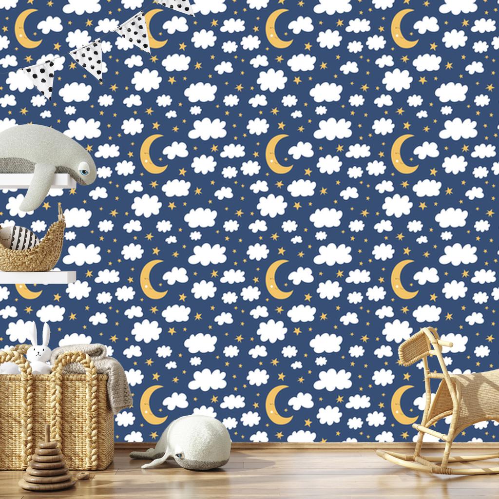 Stars, clouds and sleeping moons wallpaper for living room and bedroom 50x1000