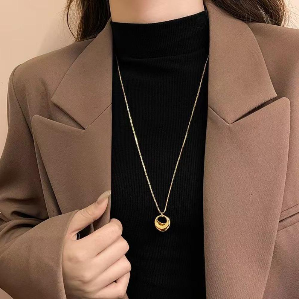 Minimalist Gold Color Stainless Steel Circular Droplet Shape Pendant Necklace for Women Non-fading Long Sweater Chain Jewelry