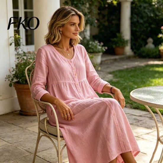 Soft Fabric Women Dress Summer Midi for Women, Button Down Long Sleeve Simple Style A-line Dress, Casual Loose V Neck Flowy Vacation Outfits Polyester