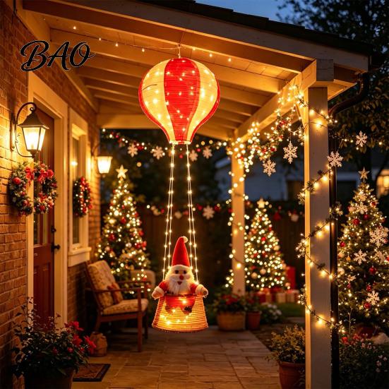 Colorful Party Atmosphere Lights Christmas Santa Claus Hot Air Balloon Lantern, Lighted Outdoor Decoration with Reusable Supplies LED String