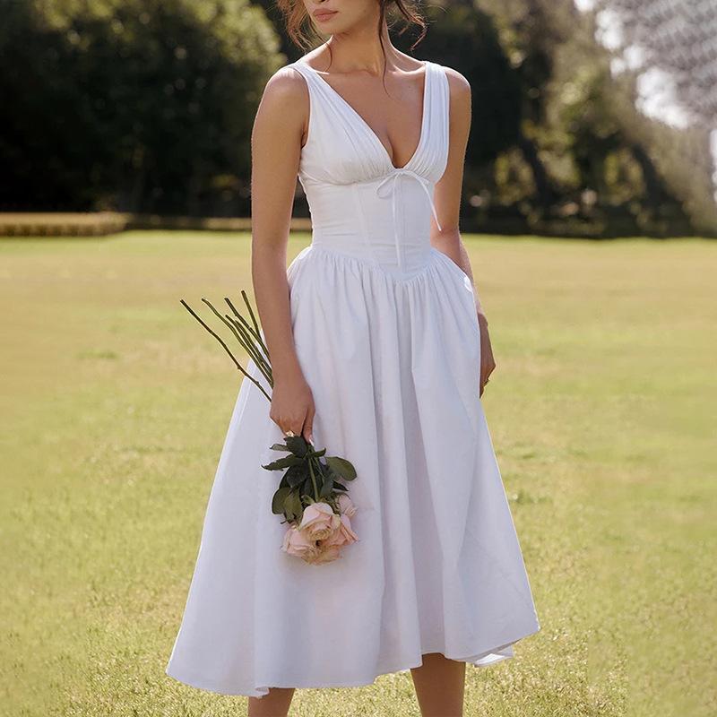 YYFS Women's Fashion Summer Spring Solid Color Print Sleeveless V-Neck High Waist Casual Dresses