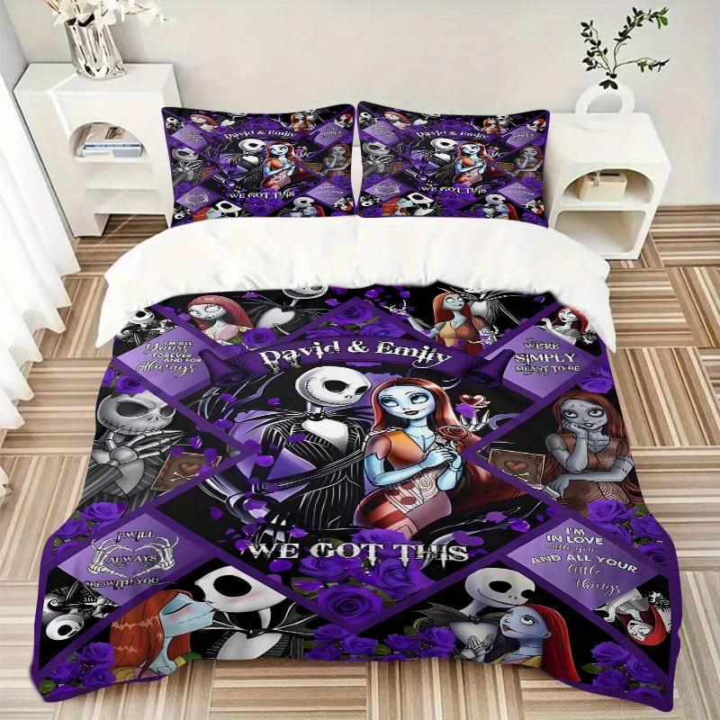 3pcs Nightmare Before Christmas Jack & Sally Printed Quilt Set, Soft and Comfortable Quilt Cover for Bedroom, Guest Room and Dormitory Decor