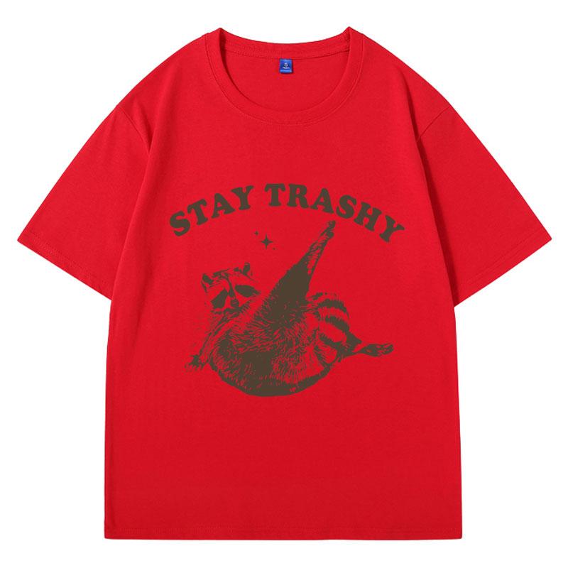 Vintage 9Os Funny Racoon T Shirt Y2k Clothes Boho Aesthetic Cute Stay Trashy T-shirt Funny Meme Oversized Cotton Short Sleeve