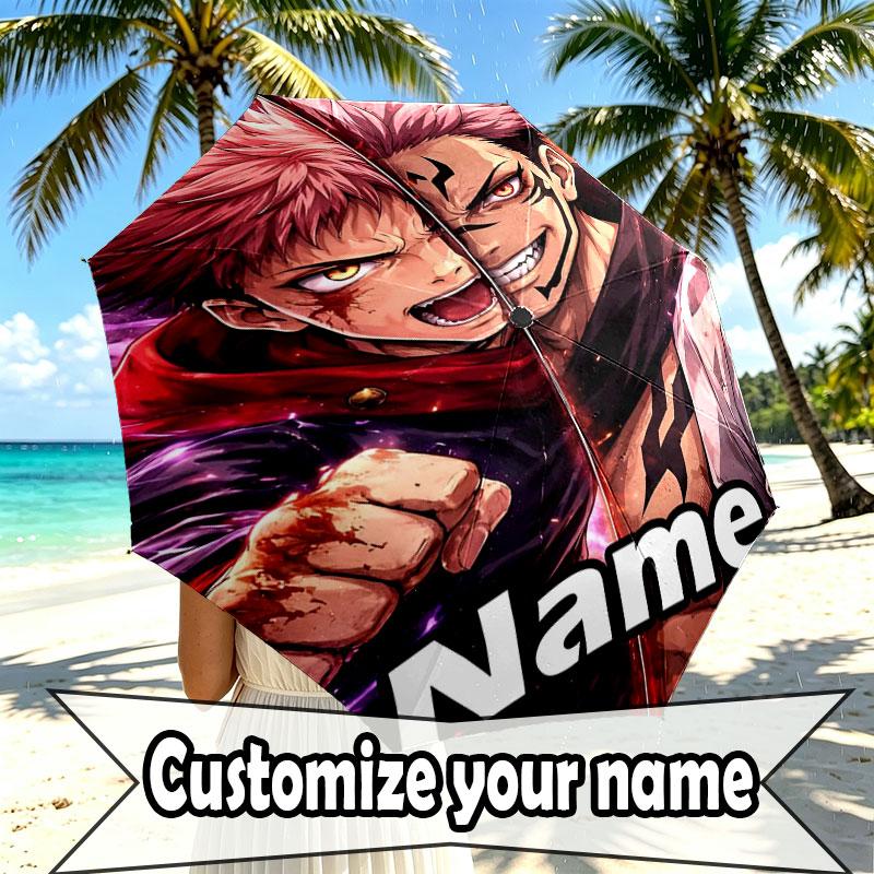 Custom Name Personalized Jujutsu Kaisen Print Umbrella, Auto Open Close, 8‑Rib Sturdy Frame, Commute Camping Hiking Use, Birthday Gift