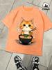 Kitten Who Likes To Eat Lamian Noodles Snow Washed TShirt Mans Cotton Tee AllMatch Retro Clothing Unisex ONeck Loose Top