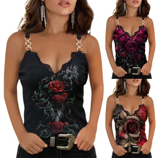 Summer V-neck Rose Sleeveless Vest Ladies Loose T-shirt Women Top Plus Size Sexy Vest Top
