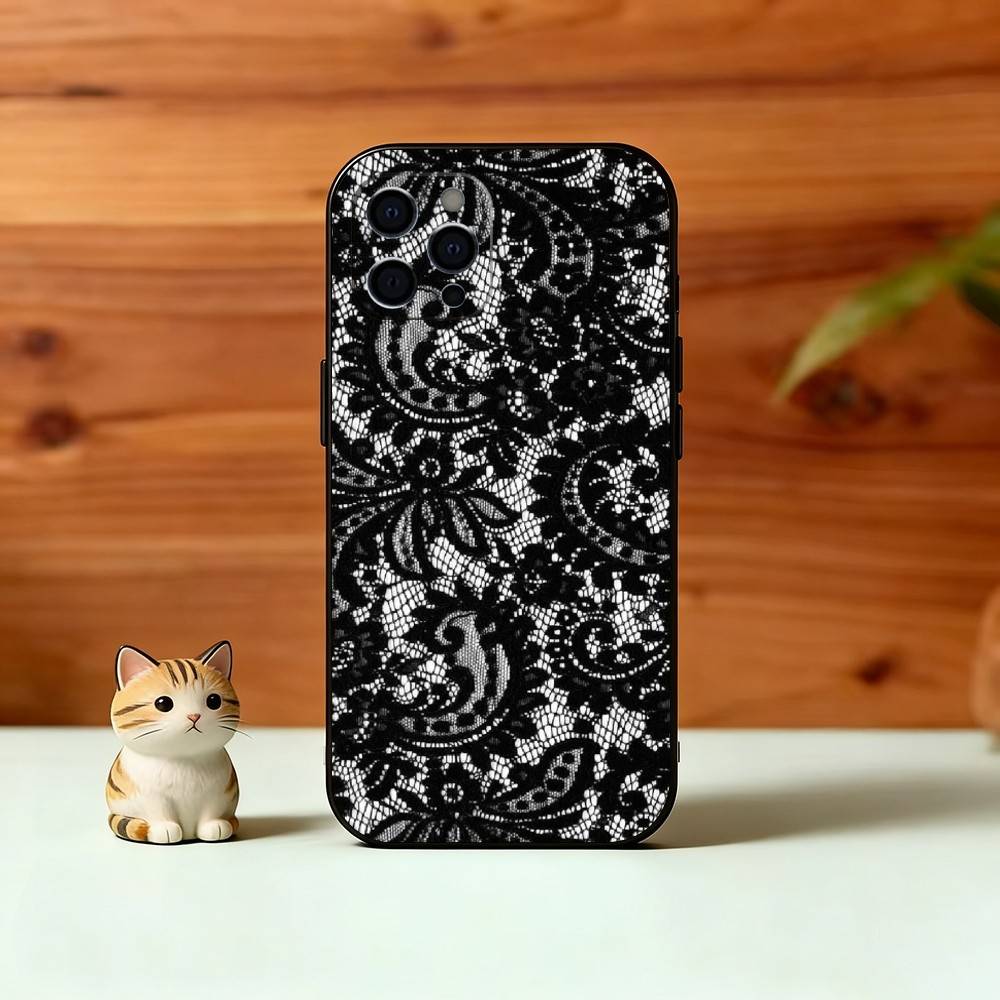 Черный чехол с кружевным принтом для iPhone 17,16,15,14,13,12,11 Plus,Pro Max,XS,Мягкий силиконовый черный чехол