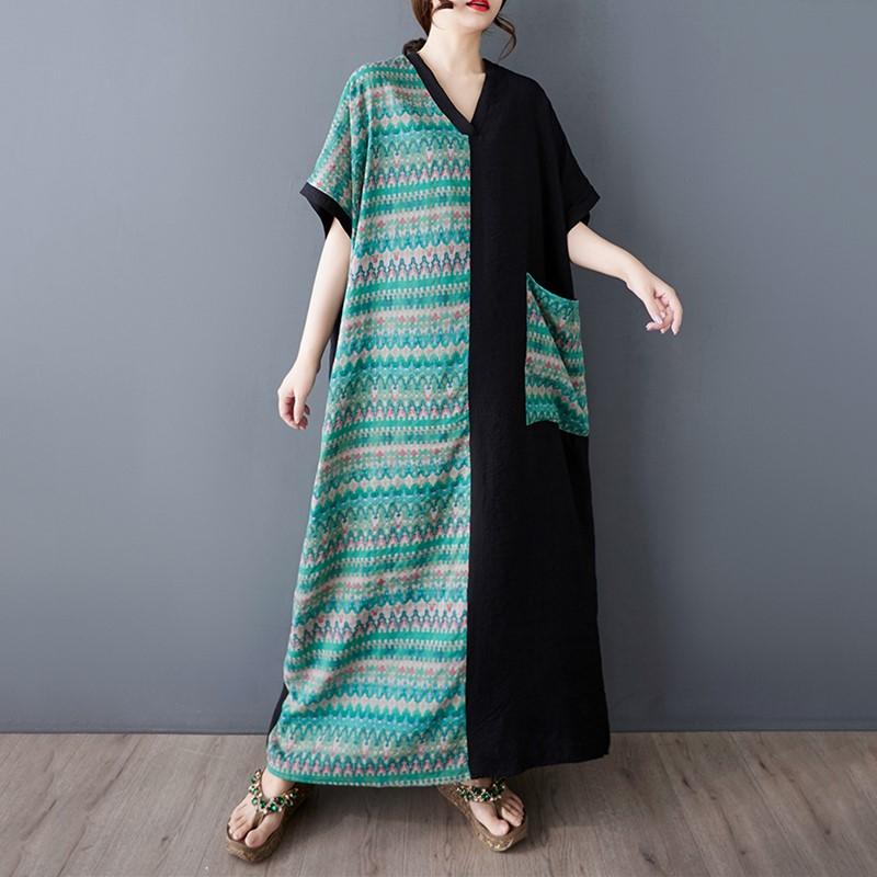 Короткий рукав Плюс размер Хлопок винтажный пэчворк новые платья для женщин повседневное свободное макси длинное летнее платье