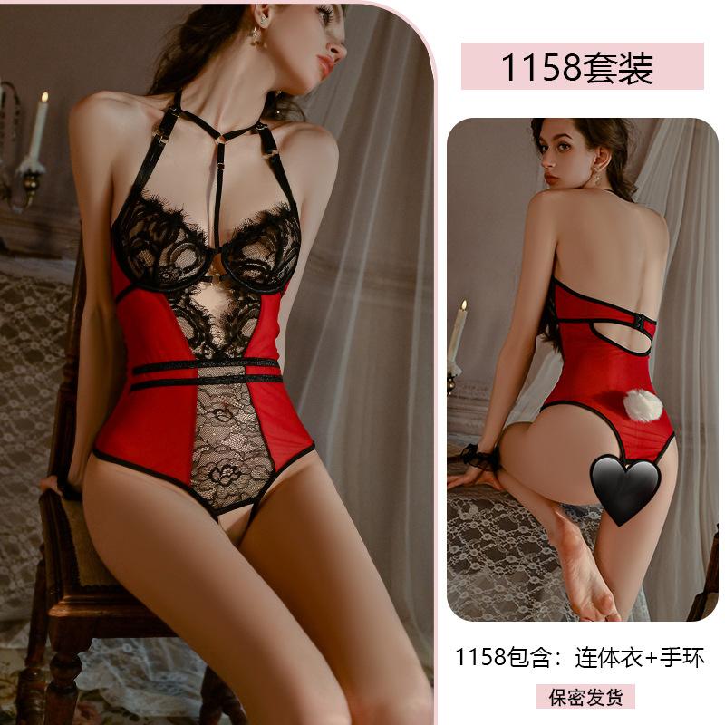 Sexy Sexy Onesie Women's Steel Ring Gathers Lace Seduction Crotch Uniform No-take Pajamas 1158