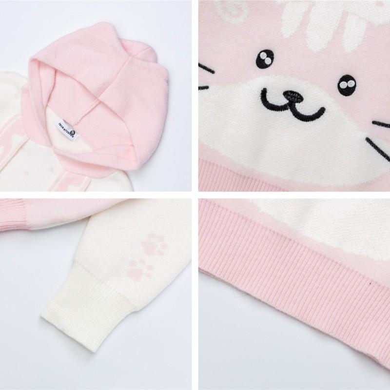 Womens Cute Cartoon Cat Jacquard Polka Dot Color Block Hooded Sweater Teens