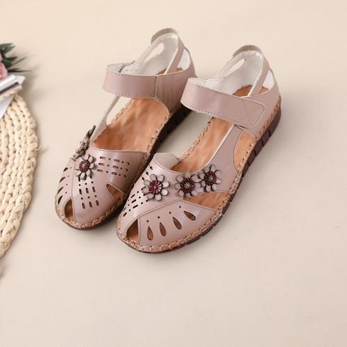 Сандалии женские кожаные туфли для мам с подошвой из говяжьих сухожилий, весенне-летний стиль, с цветочным узором, с липучкой, противоскользящие, мягкие, удобные