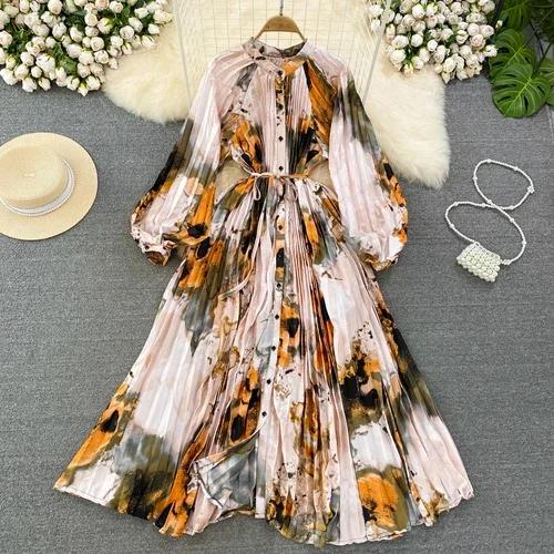 Платья Temperament Lantern Длинные рукава Круглый вырез Тонкий однобортный принтованное платье Элегантные винтажные шикарные женские платья