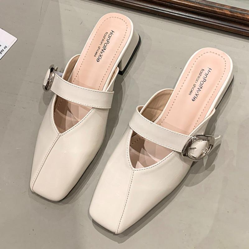 Fashion Low Heel Sandals Spring New Square Head Shallow Mouth Metal Buckle Soft Sole Anti-slip Wear-resistant Slippers