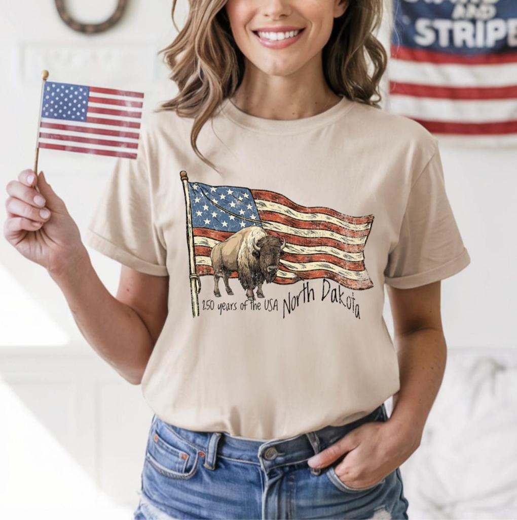 250 Years of USA, North Dakota Shirt, Bison American Flag Tee, Patriotic Buffalo Shirt, 4th of July Shirt, USA Shirt, Midwest Shirt