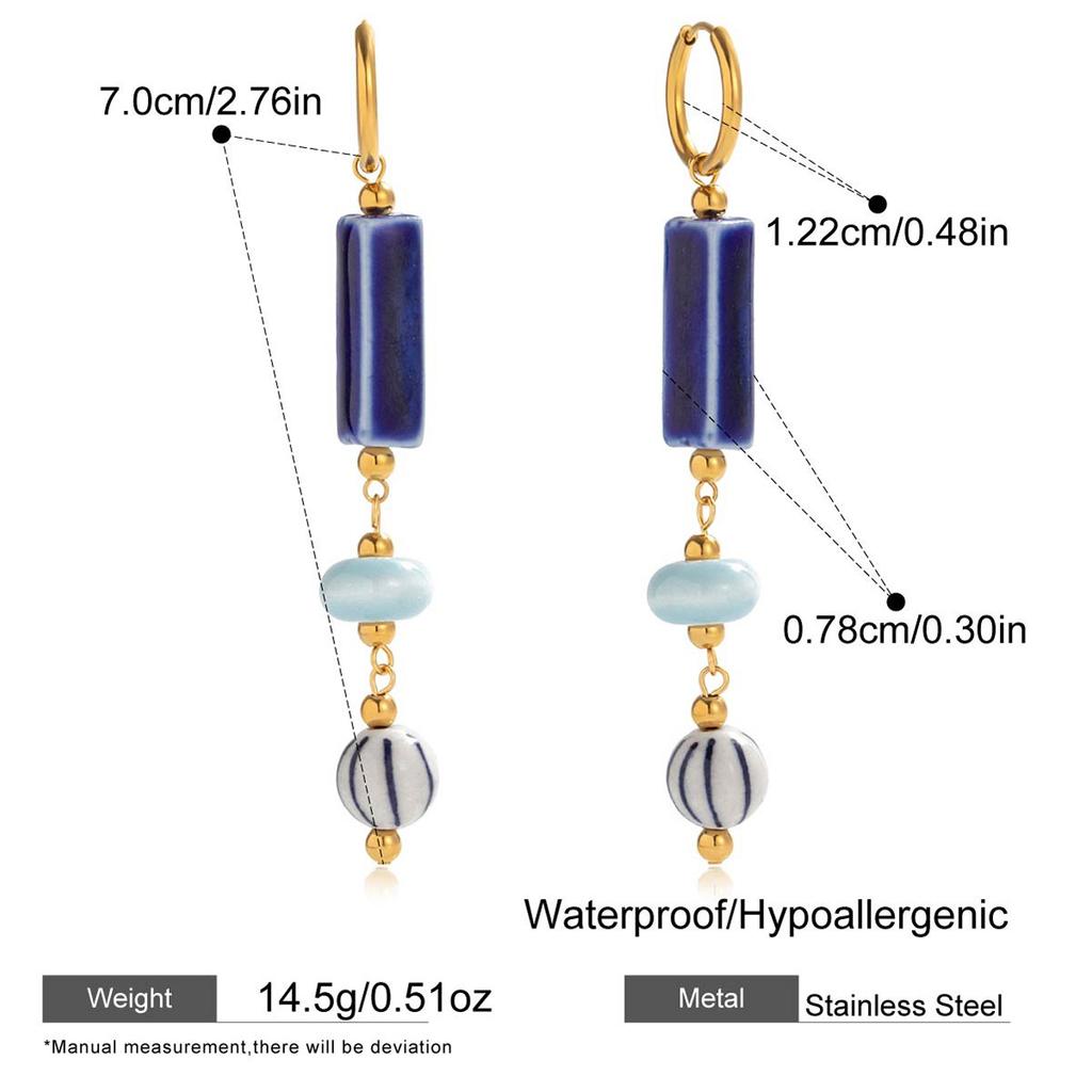 Retro Striped Ceramic Bead Tassel Earrings Long Dangle Stainless Steel Gold PVD Plated Anti Tarnish Jewelry For Women