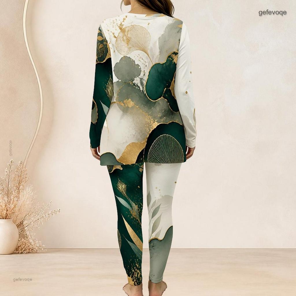 Women Plus Size Two Piece Set Round Neck Long Sleeve Teal Blue Gold Printed Longline Top And Fitted Pants