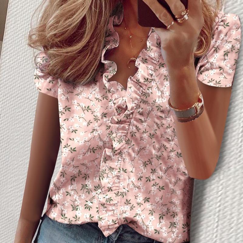 Модные рубашки с коротким рукавом и V-образным вырезом больших размеров для женщин, летние топы, элегантные повседневные свободные блузки с цветочным принтом, женская приталенная рубашка на пуговицах 26379
